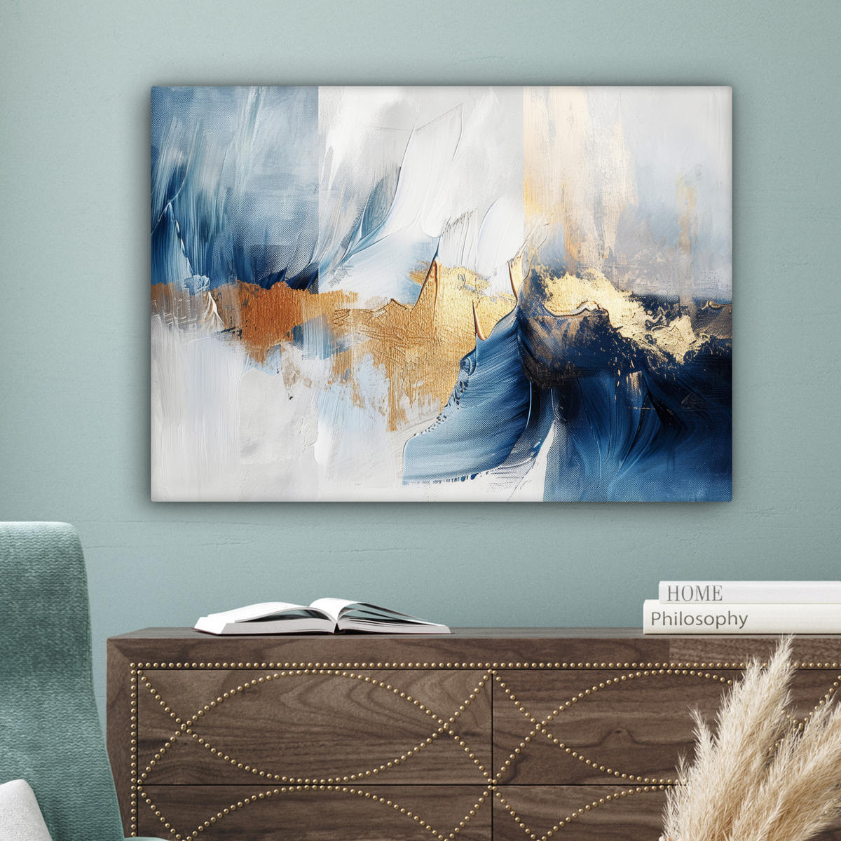 LEINWANDBILD Gold - Blau - Aquarell - Kunst - Modern Wandbilder 80x60 cm - Hellblau, Textil (80/60cm) - MuchoWow