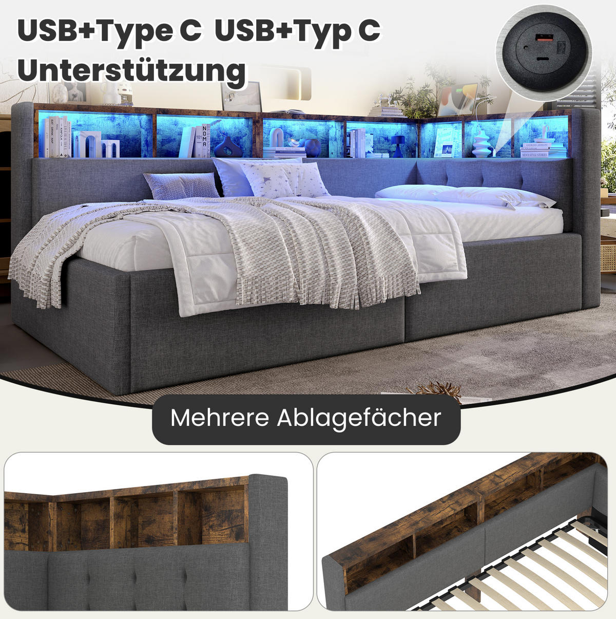 POLSTERBETT 90/200 cm Grau aus Leinen mit LED-Beleuchtung und USB- und Type-C-Anschlüssen - Grau, Textil (90/200cm) - Flora Grace