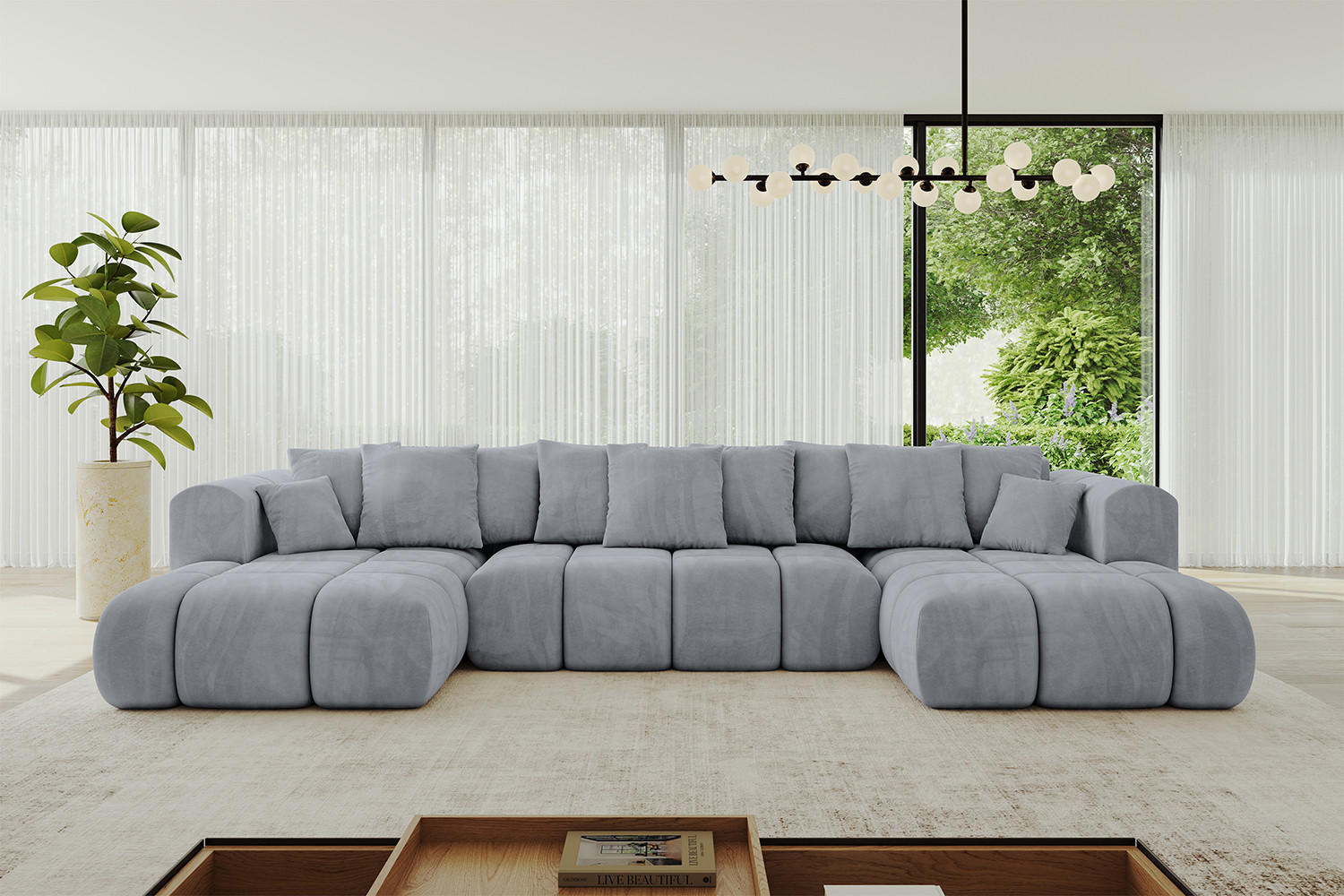 WOHNLANDSCHAFT Ottomane Links CLOUD-U-v1 414x180x40 Hellgrau Velours - Hellgrau, Holzwerkstoff/Kunststoff (414/90/180cm) - ALTDECOR