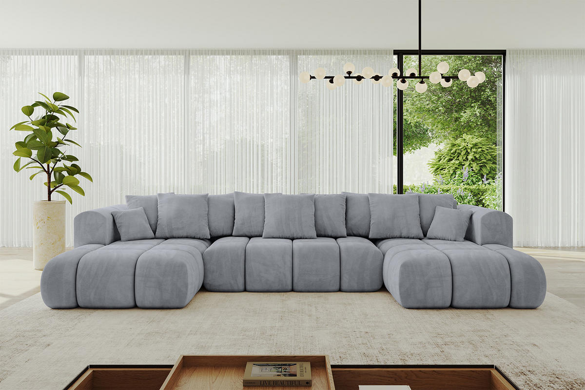 WOHNLANDSCHAFT Ottomane Links CLOUD-U-v1 414x180x40 Hellgrau Velours - Hellgrau, Holzwerkstoff/Kunststoff (414/90/180cm) - ALTDECOR