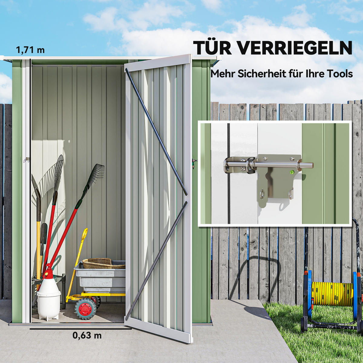 GERÄTEHAUS DE-08087 mit Pultdach und abschließbarer Tür Grün - Grün, Metall (86/189/142cm) - ComfortXL