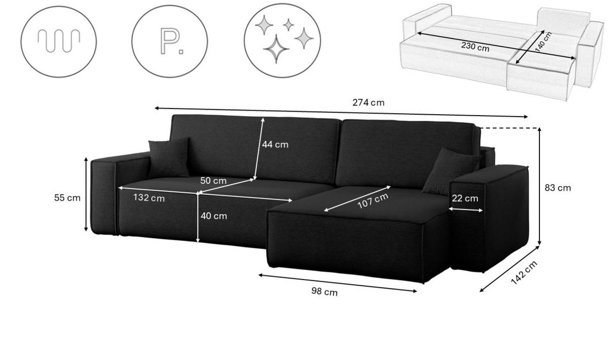 ECKSOFA Mit Schlaffunktion Und Bettkasten, Eckcouch Best XL Stoff Verita Schwarz Rechts - Schwarz, Holz (274/145cm) - Kaiser Möbel