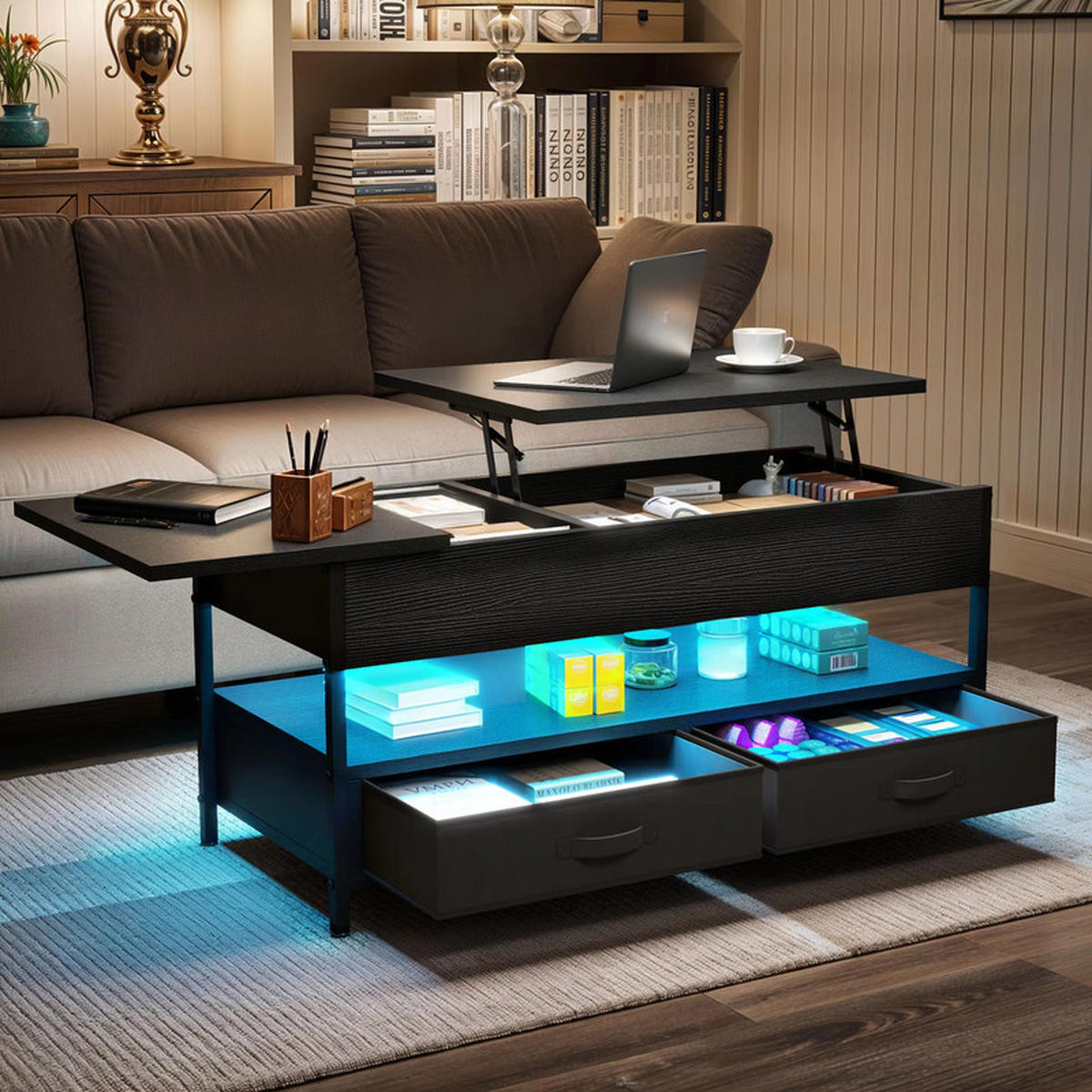 COUCHTISCH Höhenverstellbar 16 Farben LED 106x50x51.5 cm Holz mit Schubladen - Schwarz, Holz (1/1/1cm) - Kaket