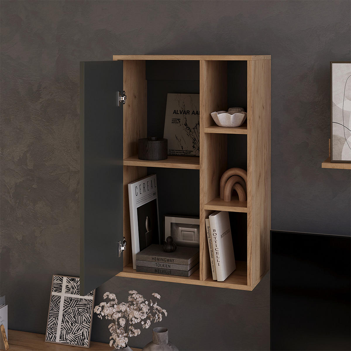 STĚNOVÁ POLICE Berno Zlatý dub power/antracit - medově dubová/antracitová, kompozitní dřevo (50.1/78.4/28.3cm) - Vicco