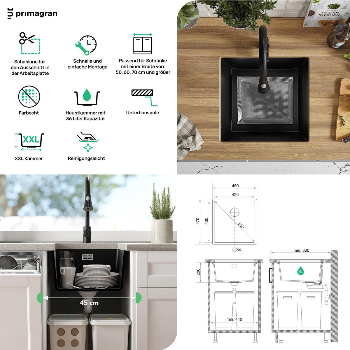 UNTERBAUSPÜLE GRANIT London, 2-er set Weiß 46/47 cm 1 Becken + Küchenarmatur 40/20 cm + Ablauf-Set ab 50er Unterschrank - Chromfarben/Weiß, Kunststoff (46/20/47cm) - Primagran