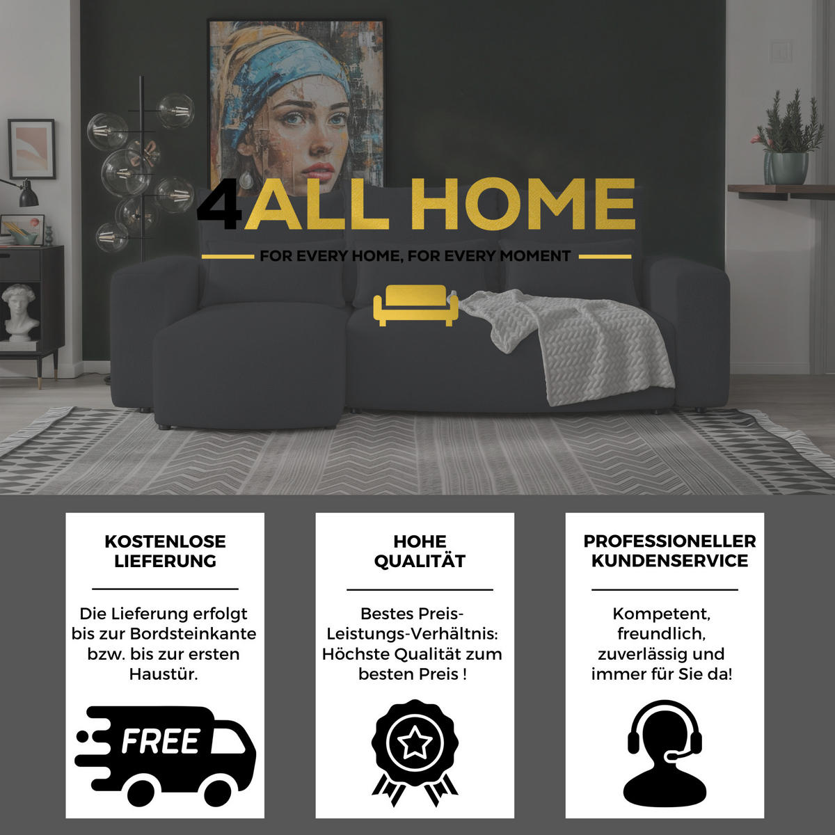 ECKSOFA Travis mit Bettkasten und Schlaffunktion, L-Form, Boucle, Universal - Schwarz, Holzwerkstoff (248/148cm) - 4ALL HOME