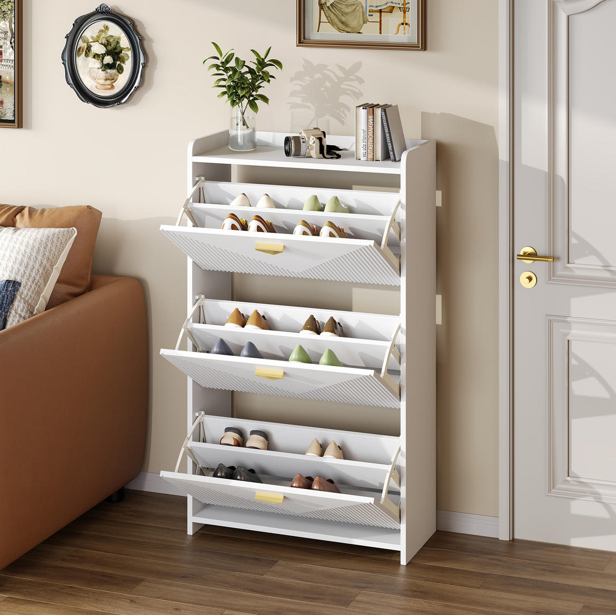 SCHUHSCHRANK 70/30/120 cm mit 3 Klapptüren, verstellbaren Fächern und MDF-Korpus, Weiß - Weiß, Holzwerkstoff (70/120/30cm) - Redom