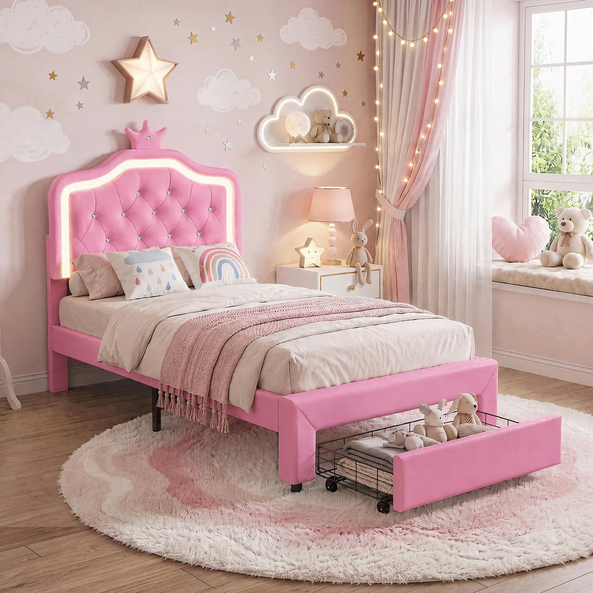 POLSTERBETT Princess Crown 90x200 cm mit höhenverstellbarem Kopfteil, PU, Lattenrost & LED-Beleuchtung, Rosa - Pink, Leder/Holz (90/200cm) - BursDany