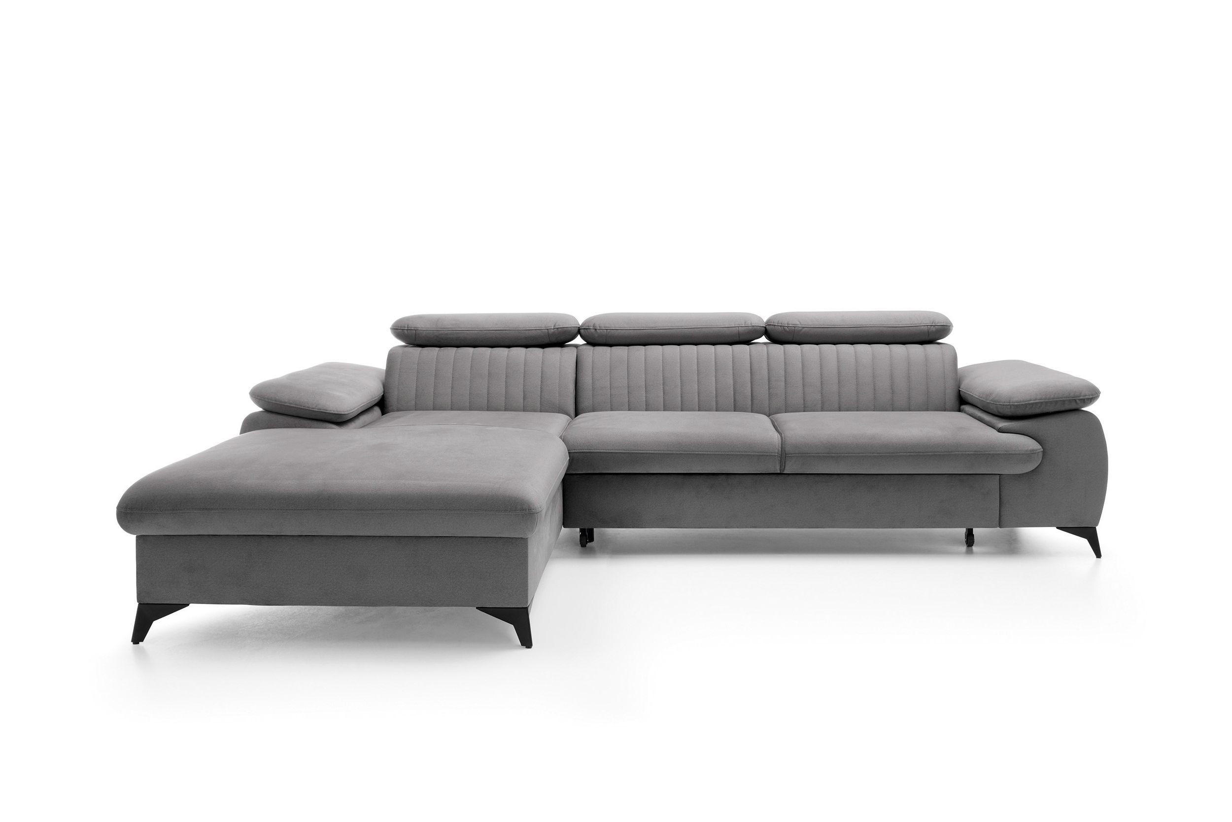 ECKSOFA FIORE Grau Velours-Stoff mit Schlaffunktion - Grau, Holz (280/193cm) - MASSENO