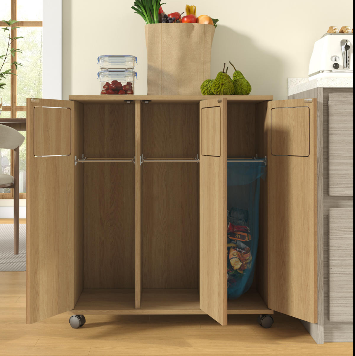 SKŘÍŇKA na třídění odpadu z MDF 69,3x35x80,3 cm přírodní na kolečkách se 3 přihrádkami a dvířky 180° - přírodní, kompozitní dřevo (70/80/35cm) - Modfu