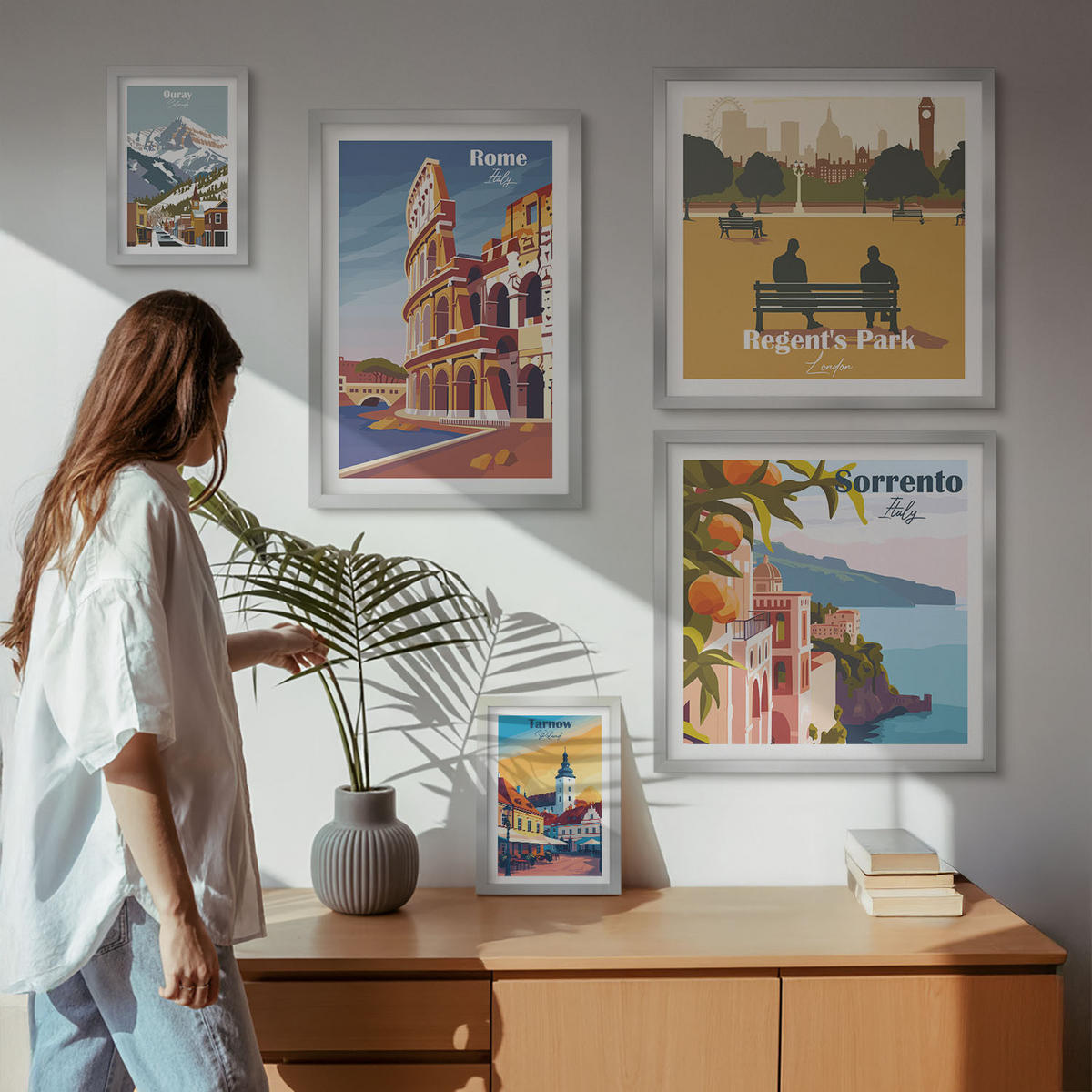 WANDBILDER 5er Set - 50x50 cm & 20x30 cm & 40x60 cm Silberner Rahmen - Boho-Papaya-Fruchtmuster - Silberfarben, Kunststoff (40/60cm) - ArtPrintCave