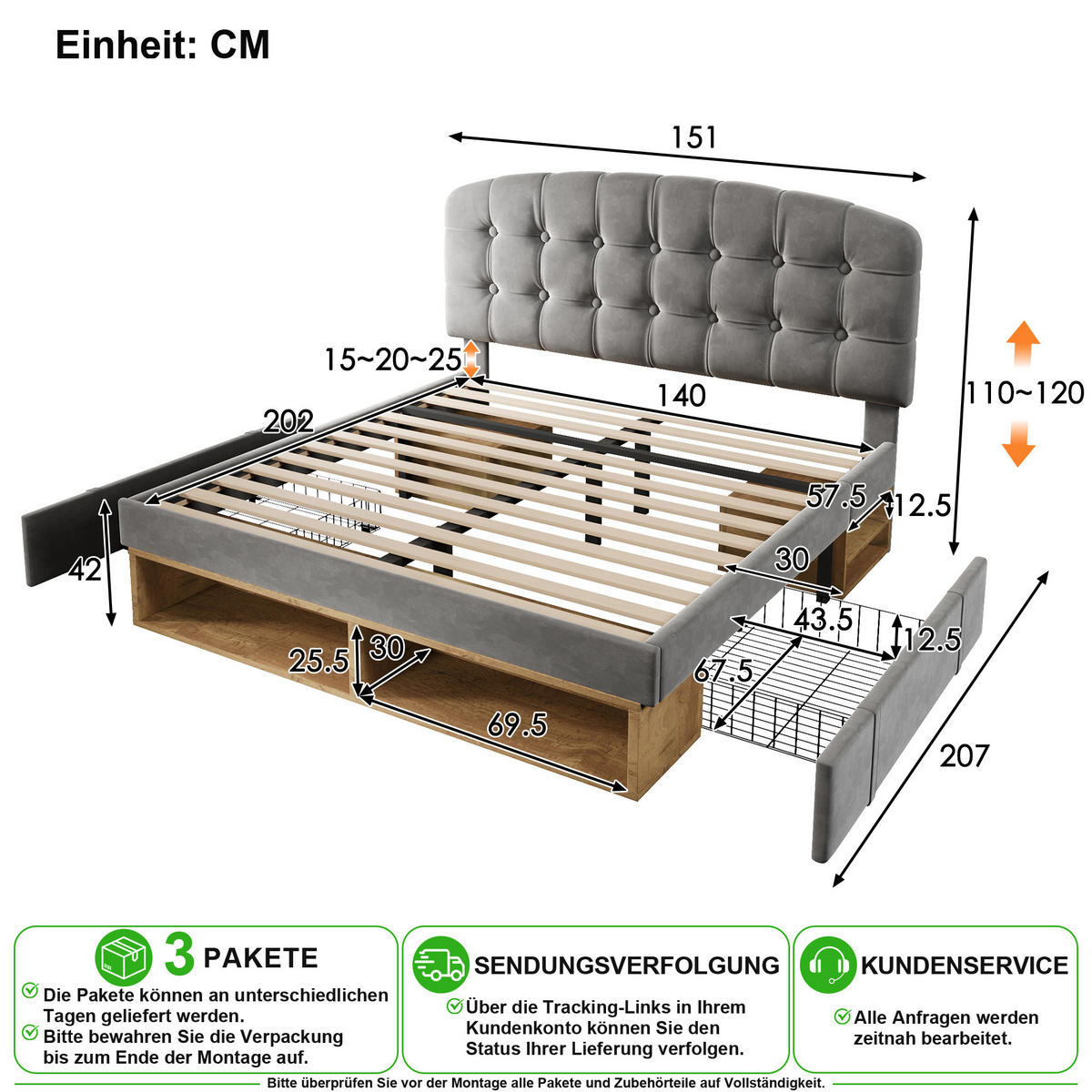 POLSTERBETT 140/200 cm in Grau Samt mit Schubladen, Regal und höhenverstellbarem Kopfteil - Grau, Holzwerkstoff/Textil (140/200cm) - CHICFURN