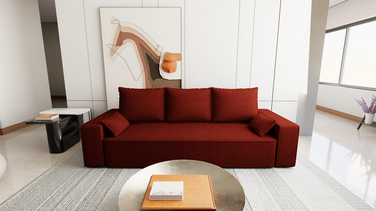 SOFA Veno mit Bettkasten und Schlaffunktion, Velourstoff - Weinrot, Holzwerkstoff (242/85/95cm)