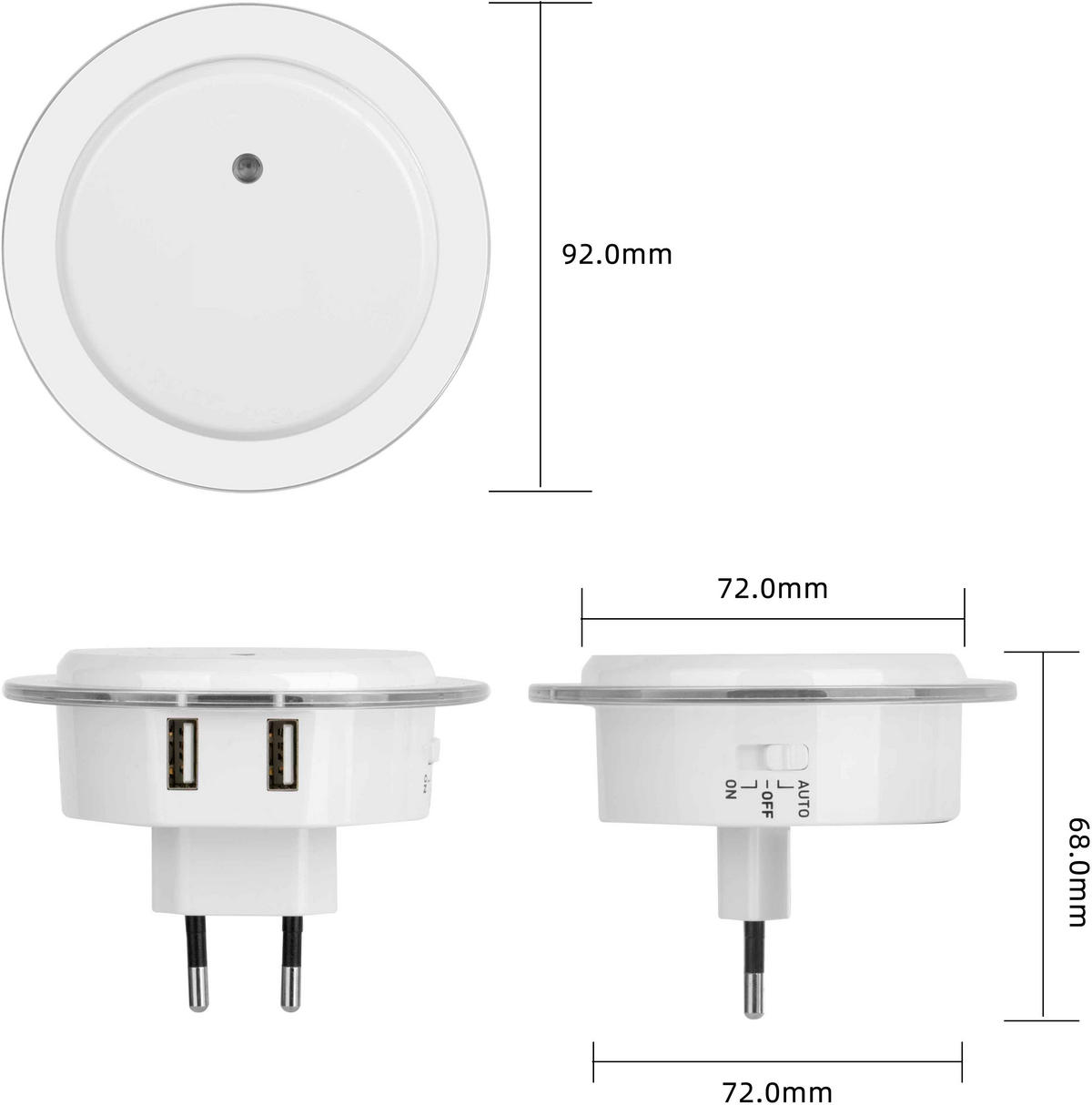 LED-NACHTLICHT - Bernsteinfarben mit Dämmerungssensor und 2 USB-Anschlüssen für Schlafzimmer und Flur, 4er-Set - Weiß, Kunststoff (6.8/9.2/9.2cm) - Northpoint