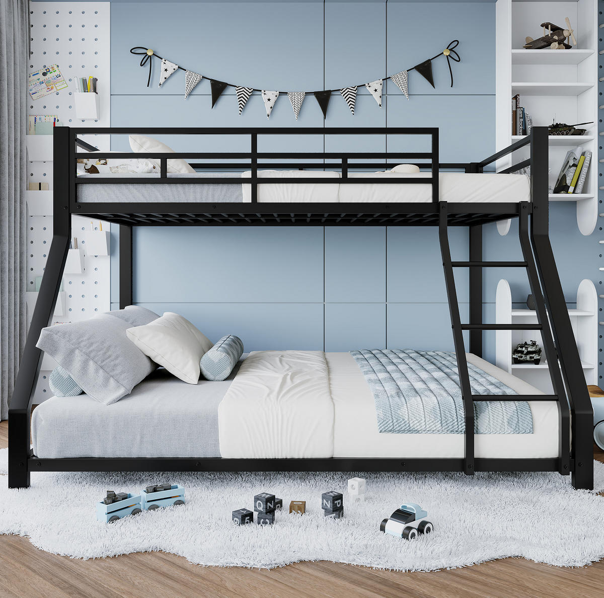 ETAGENBETT 90x200/140x200 cm in Schwarz – Metall, mit Treppe und Geländer - Schwarz, Metall (90/200cm) - Modenvie