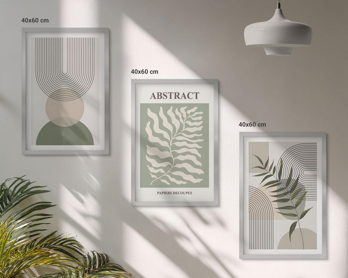 BILDER SET 3er Set - 40x60 cm Silberner Rahmen - Botanische Boho-Abstraktionen - Silberfarben, Kunststoff (40/60cm) - TULUP