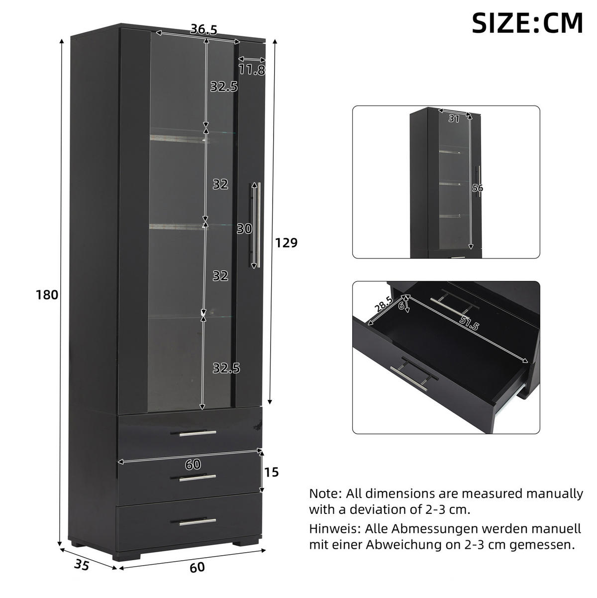 VITRINE 60/35/180 cm in Schwarz mit LED-Beleuchtung und 3 Schubladen - Schwarz, Holzwerkstoff (60/180/35cm) - Flora Grace