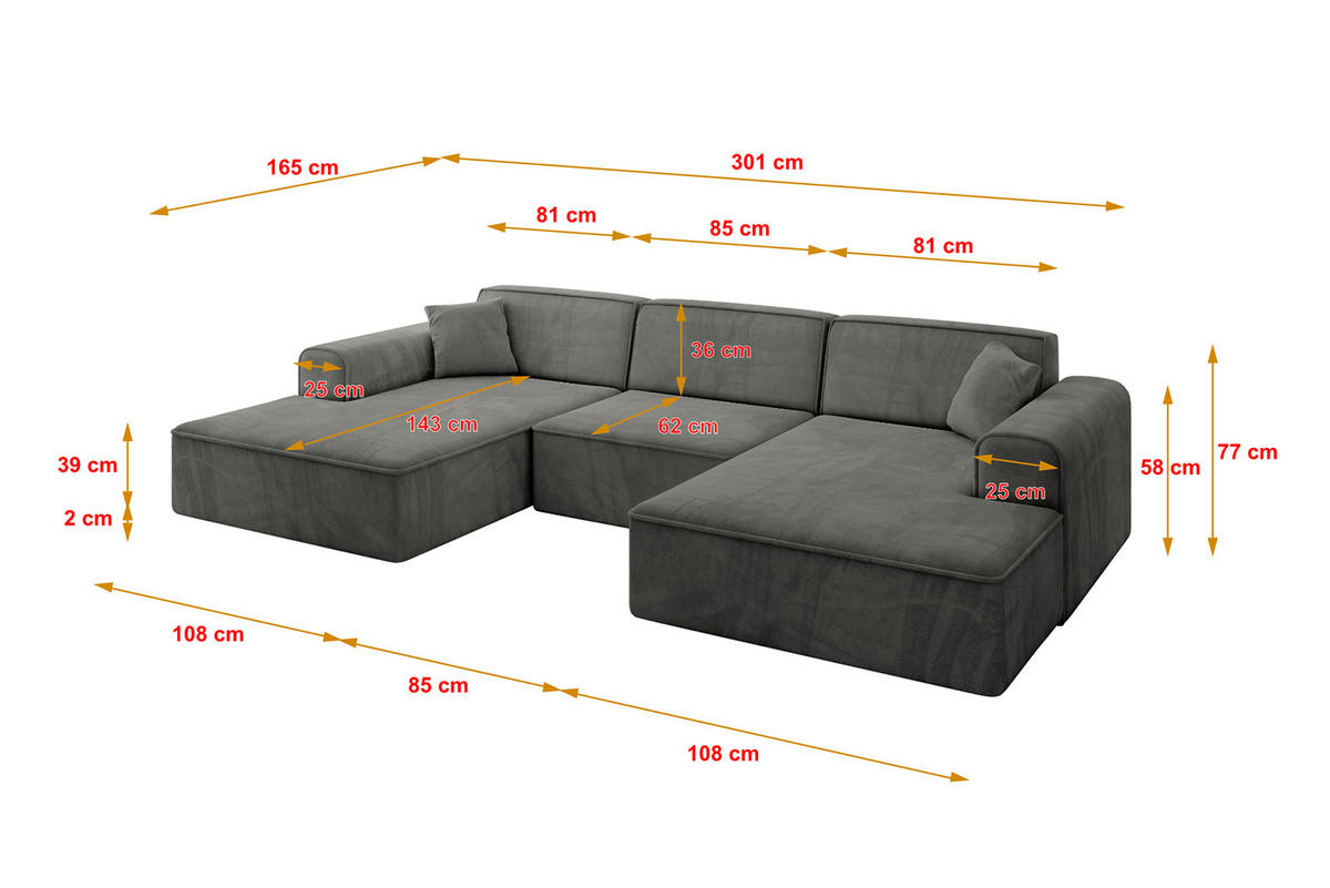 WOHNLANDSCHAFT IREA-U1-v3 - 301x165x77 cm Ecru - Anthrazit, Holzwerkstoff/Textil (301/77/165cm) - ALTDECOR