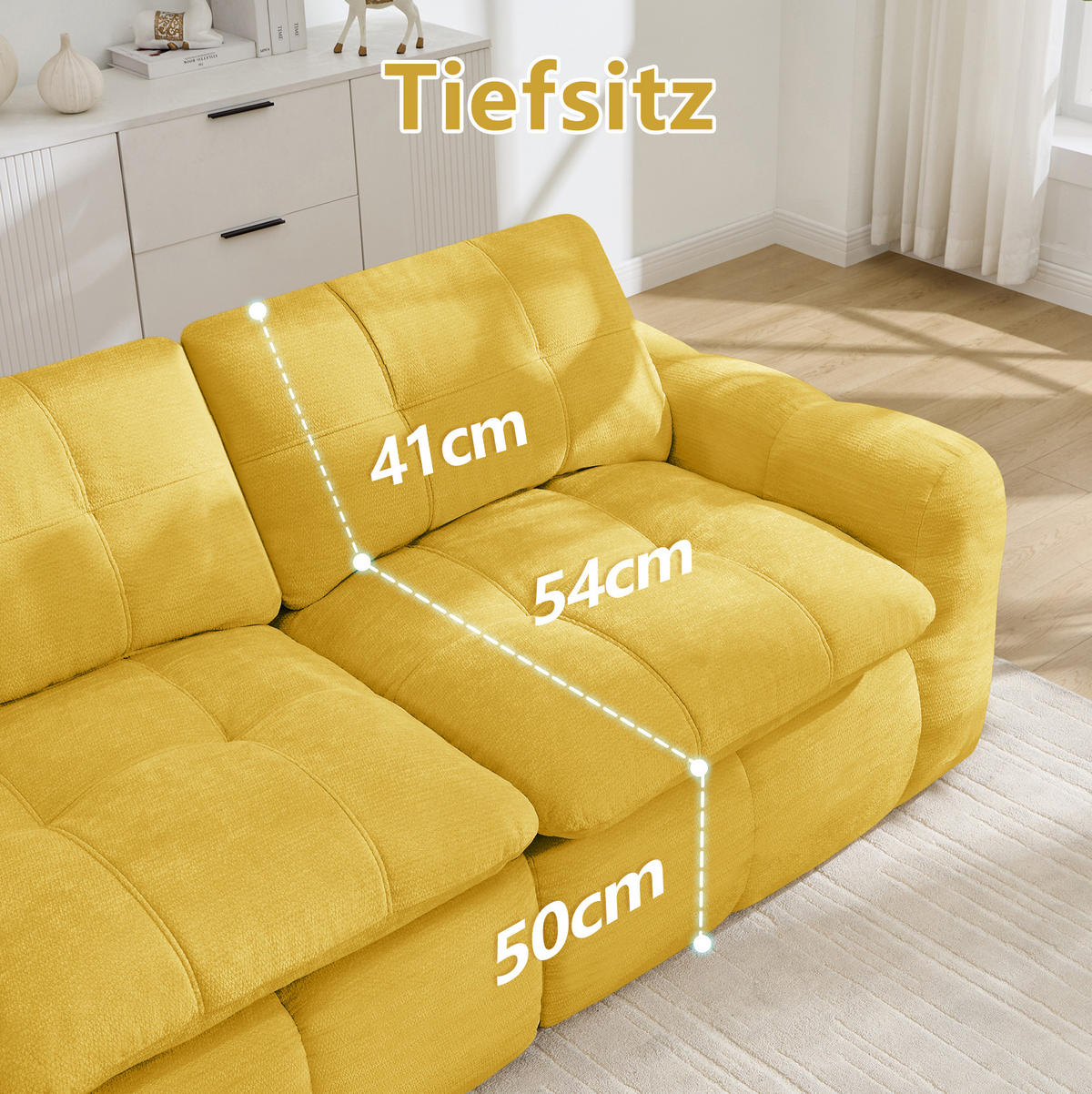 SOFA 264/97/68 cm in Gelb aus Chenille mit modularem Design und hoher Belastbarkeit - Gelb, Textil (97/68/264cm) - Flora Grace