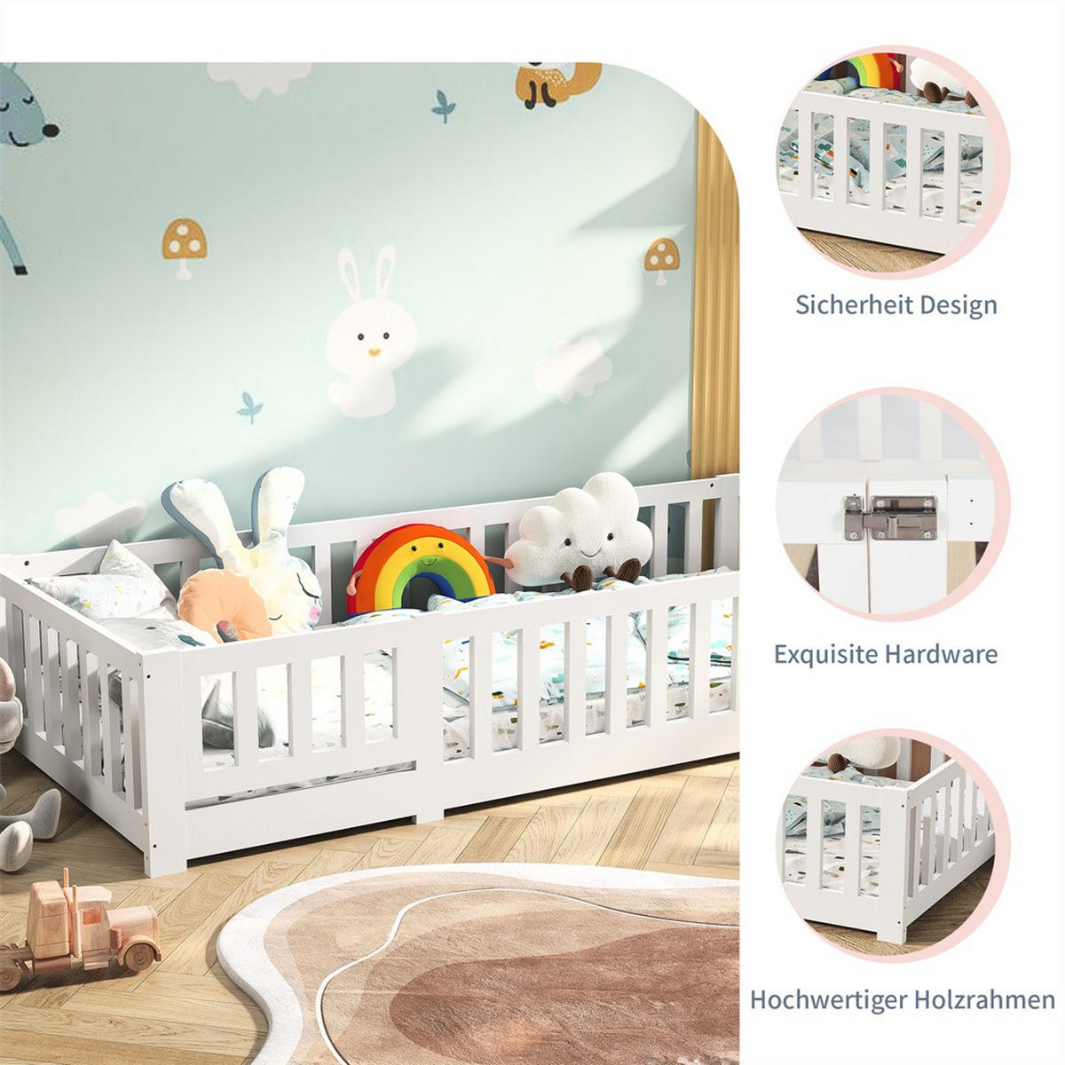 KINDERBETT 90x200 cm - mit abnehmbarem Rausfallschutz und Lattenrost - ohne Matratze - Weiß - Weiß, Holz (90/200cm) - DELFA