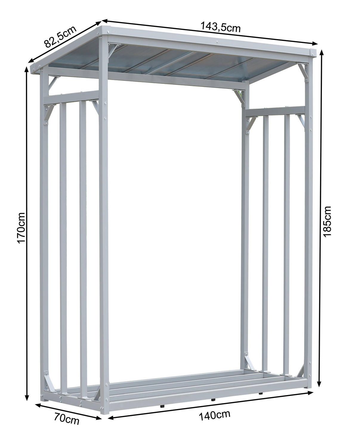 KAMINHOLZREGAL Außen Pro 143/70/185 cm Aluminium Grau 1,8 m³ / 2,6 SRM - Grau, Metall (142/185/70cm) - QUICK STAR