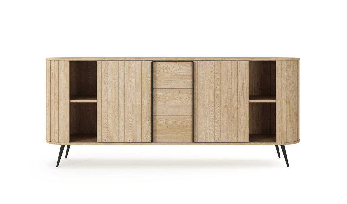 SIDEBOARD LOVI 196 cm Eiche Cremona - mit Schiebetüren und Riffel-Front - Eichefarben/Schwarz, Holz/Holzwerkstoff (196/82/40cm) - Ravio