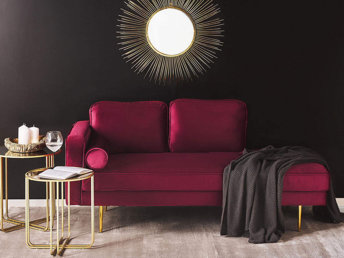 CHAISELONGUE Samtstoff dunkelrot linksseitig Miramas - Rot/Goldfarben, Textil (171/63/79cm) - Beliani