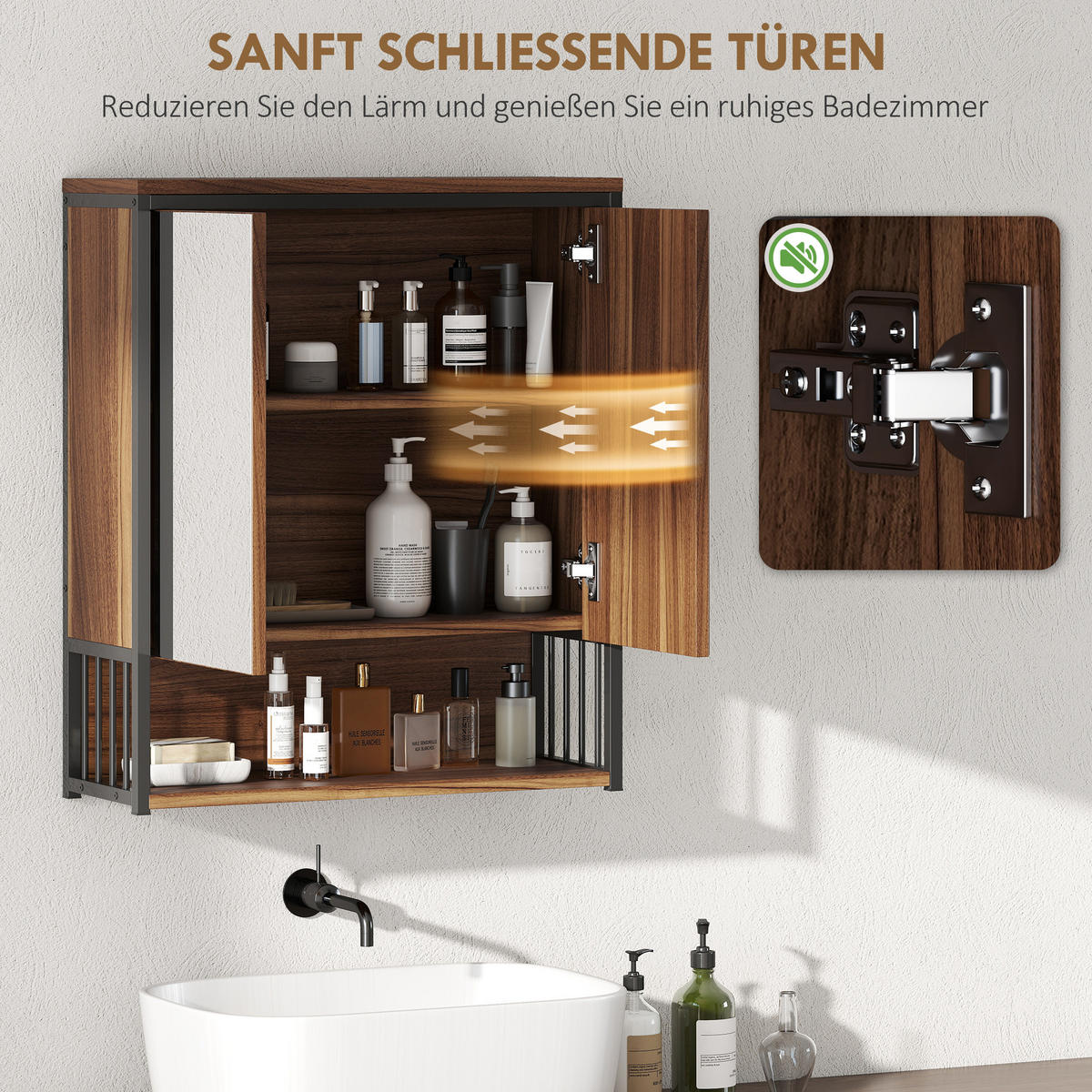 SPIEGELSCHRANK Bad, Badezimmerschrank mit sanft schließender Tür, Fächern, Braun - Braun, Holzwerkstoff (20/65/56cm) - HOMCOM