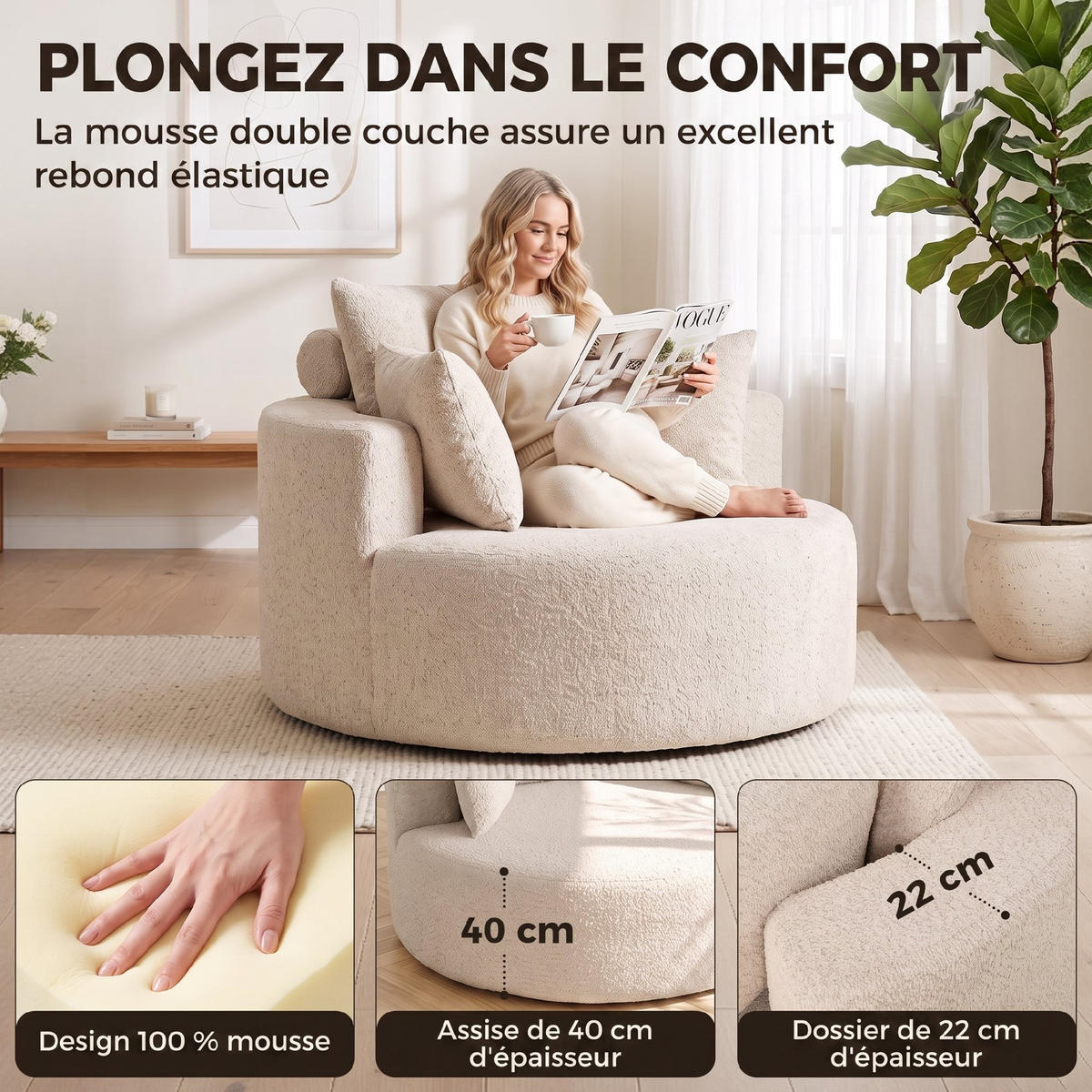SESSEL Creme 130/130/82 cm - Creme, Textil (130/82/130cm) - PANGIVO