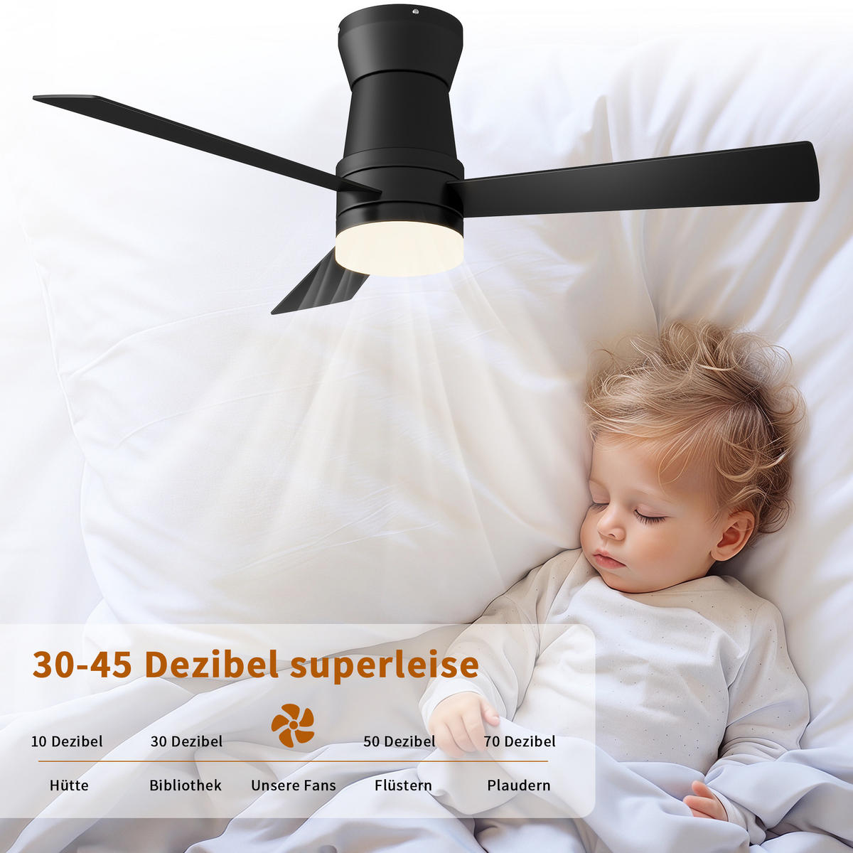 DECKENVENTILATOR mit LED-Licht, 106.6 cm, Weiß, 6 Stufen & Timer - Schwarz, Metall (106.6/106.6/29cm) - EuroLiving