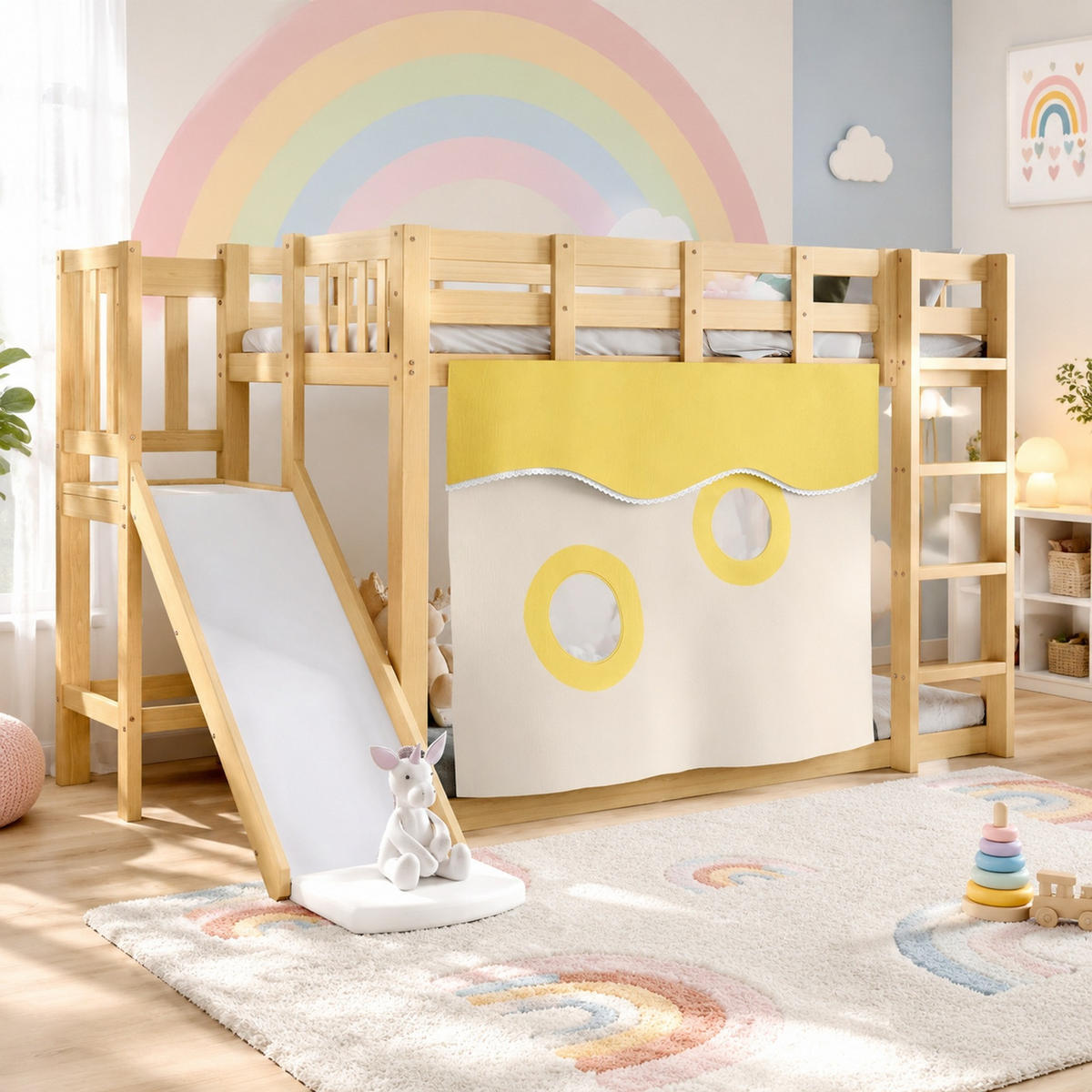 ETAGENBETT 90/200 mit Rutsche, Bettvorhang und Fallschutz in Natur - Naturfarben, Holzwerkstoff (90/200cm) - EVRYAE