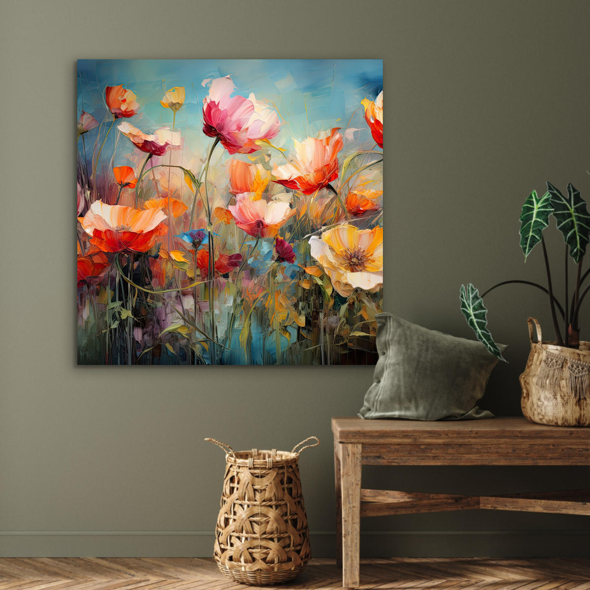 METALLBILD Blumen - Aquarell - Kunst - Botanisch - Natur 90x90 cm - Orange, Metall (90/90cm) - MuchoWow