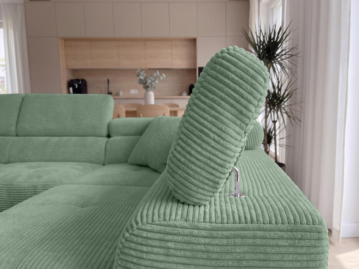 ECKSOFA L Form Konak Salbeigrün 276/201/90 cm Rechts mit Schlaffunktion - Salbeigrün/Silberfarben, Textil/Metall (276/203cm) - AX Living