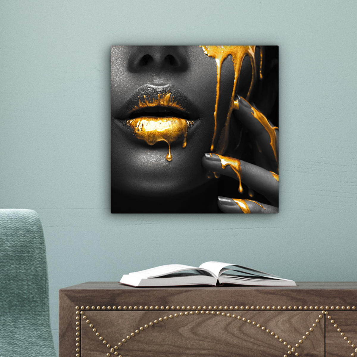 LEINWANDBILD Frau - Schwarz - Gold - Gesicht - Lippen 20x20 cm - Goldfarben, Textil (20/20cm) - MuchoWow