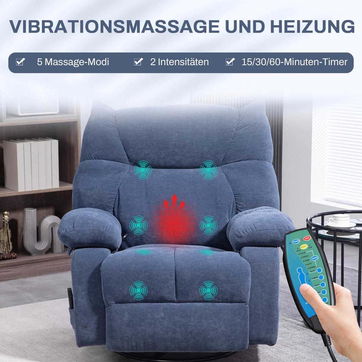 RELAXSESSEL mit Massagefunktion, Elektrisch Fernsehsessel mit Wärmfunktion - Blau/Schwarz, Textil/Metall (90/98/98cm) - HOMCOM