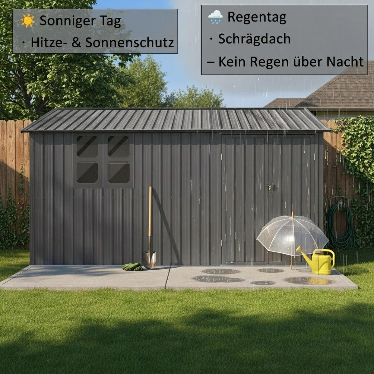 GERÄTEHAUS 374.9/307.8/204.8 cm Grau mit Tür, Schloss und Fenster (10,34m²) - Grau, Metall (307.8/204.8/374.93cm) - Oxeza
