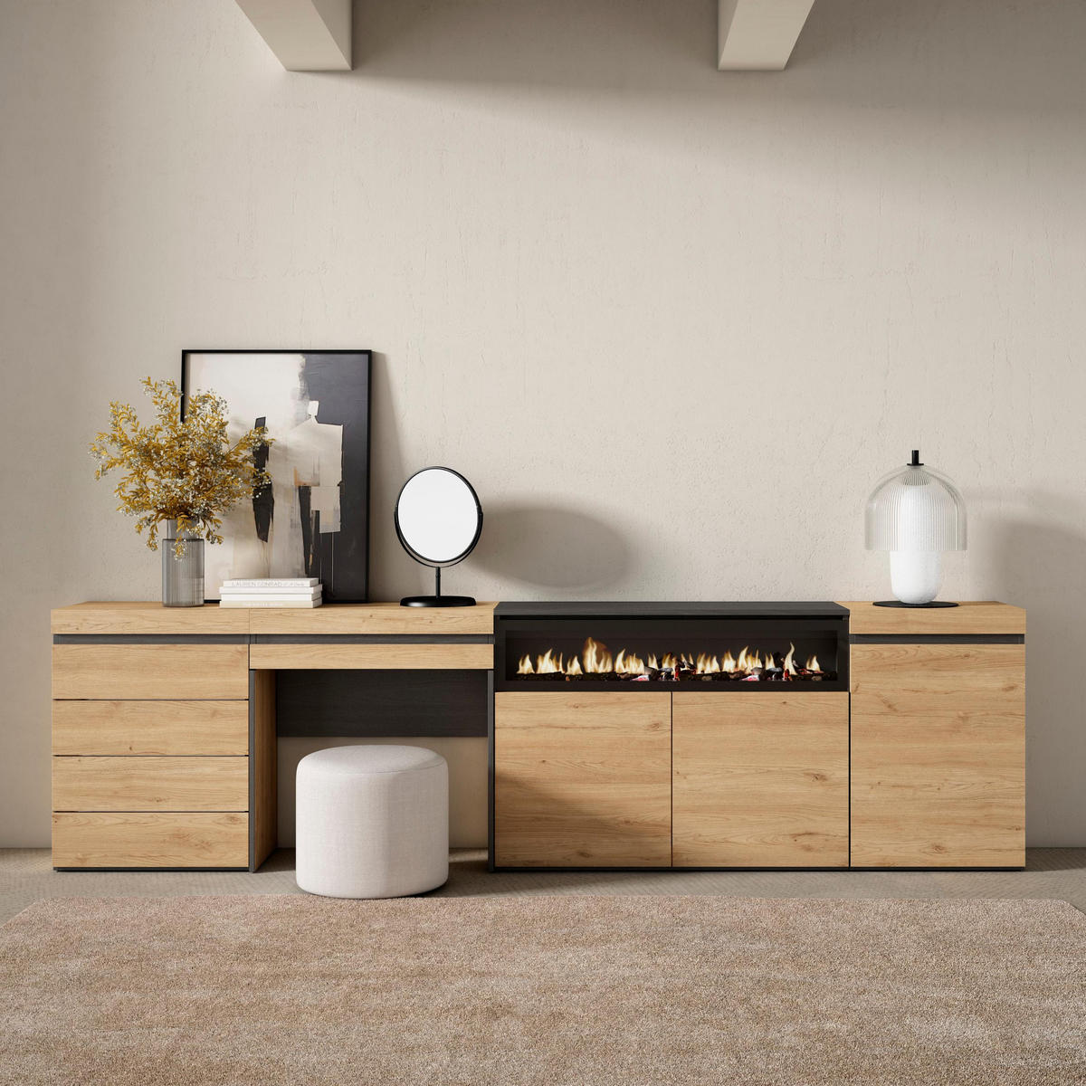 SIDEBOARD mit Elektrokamin, eiche, 277/35/75cm - Eichefarben, Holzwerkstoff (277/75/35cm) - Skraut Home