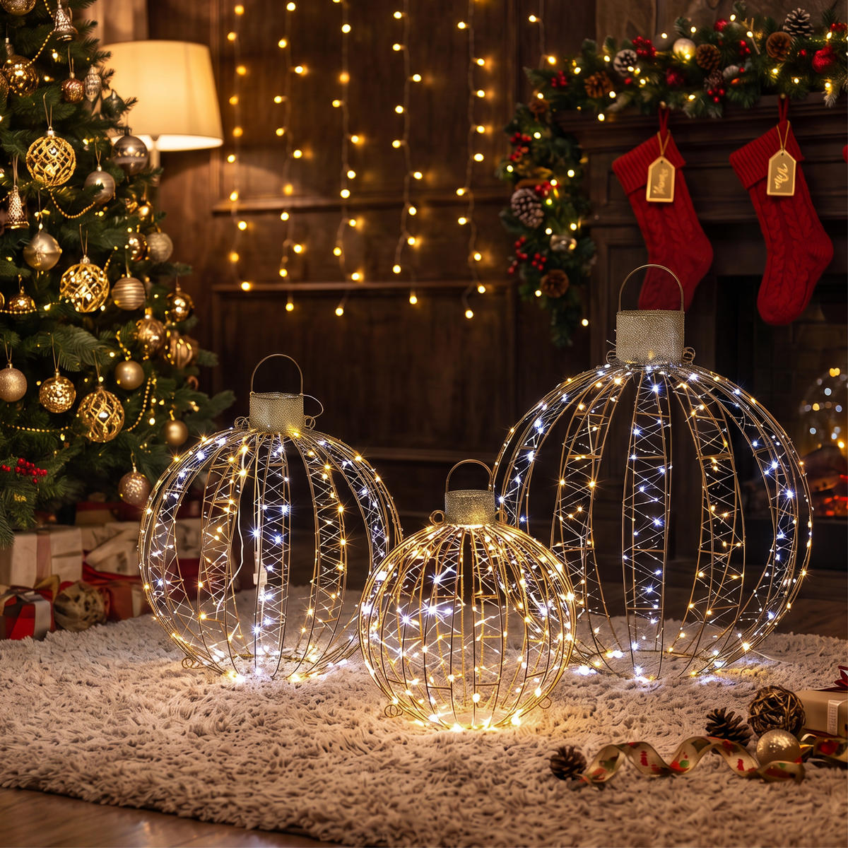 BELEUCHTETE Weihnachtskugel aus Metallgeflecht goldfarben 50.0/50.0/60.0cm - Goldfarben, Metall (50/60/50cm)