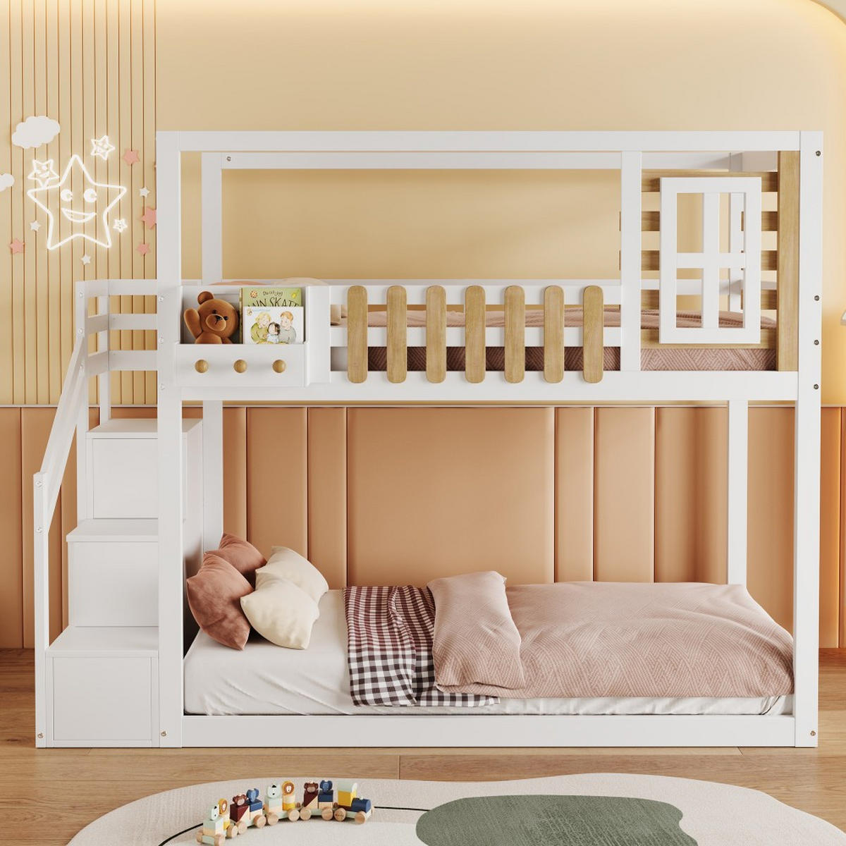 ETAGENBETT 90x200cm in weiß mit mit Treppe, Fenster und Regalkasten - Weiß, Holz (90/200cm) - KOMHTOM