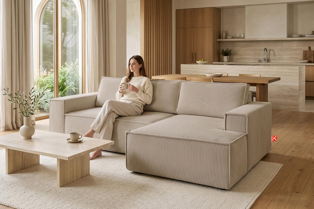 ECKSCHLAFSOFA-RECHTS NAPI in Pet Friendly Cord-Stoff, beige - Beige/Schwarz, Textil (262/148cm) - KONSIMO®