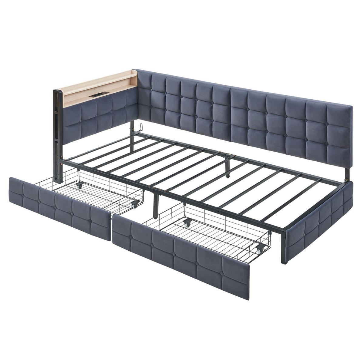 POLSTERBETT 90/200 cm grau mit 2 Schubladen und LED-Lampe - Dunkelgrau, Textil (90/200cm) - OKWISH
