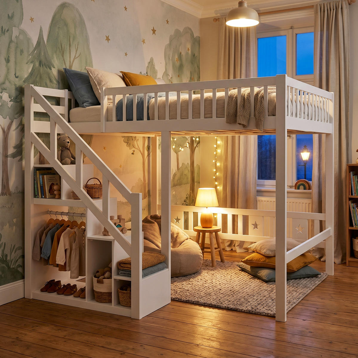 HOCHBETT Modern mit Stauraumtreppe & Kleiderstange 140/200 cm Kiefer-Massivholz Weiß - Weiß, Holz (140/200cm) - Creahappy