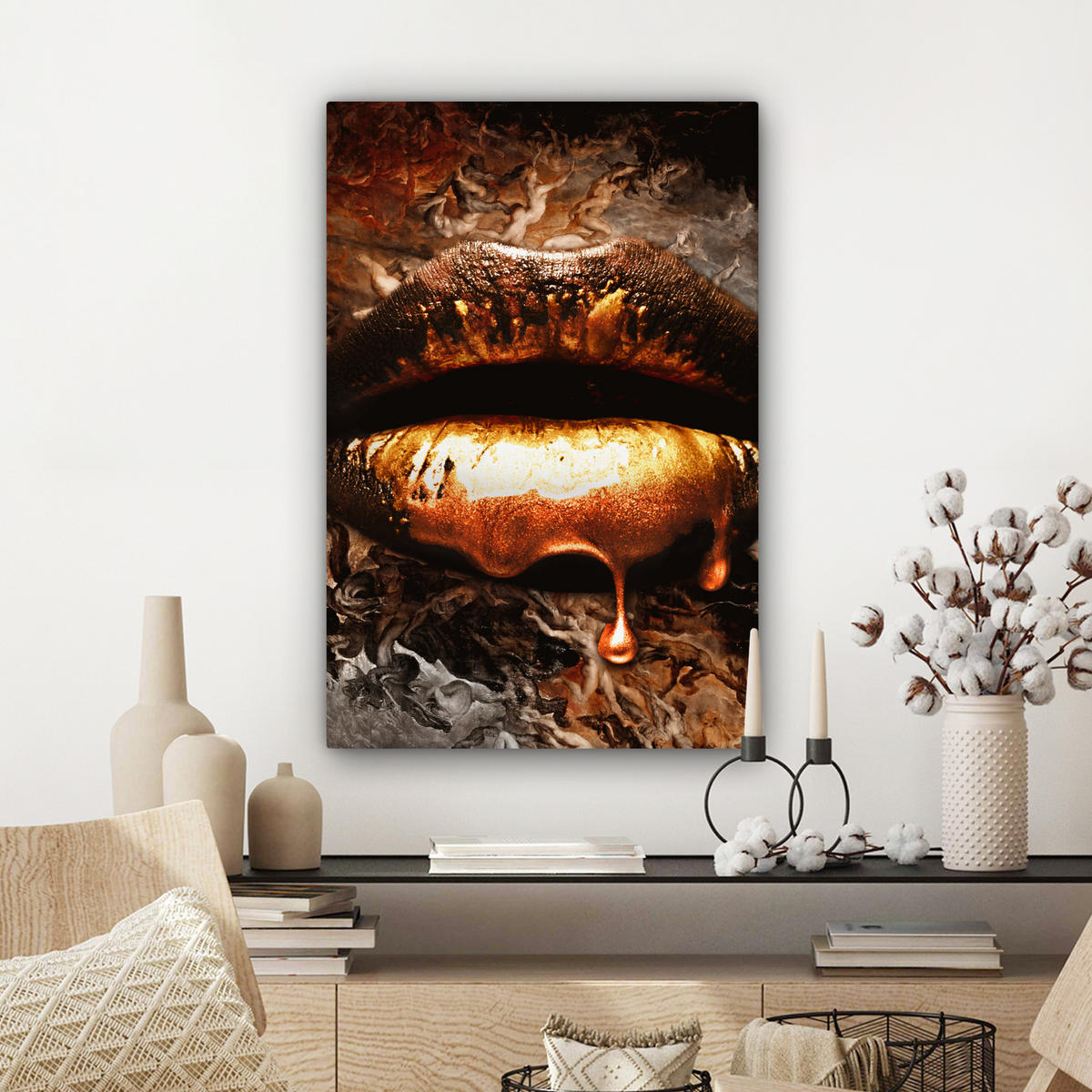LEINWANDBILD Gold - Lippen - Kunst - Gold - Luxus - Abstrakt Wanddeko Schlafzimmer 60x90 cm - Kupferfarben, Textil (60/90cm) - MuchoWow