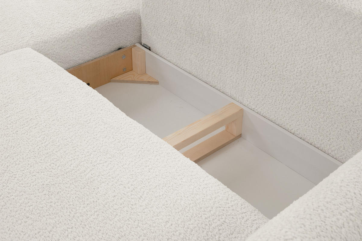 ECKSOFA UNO Creme Plüsch-Stoff mit Schlaffunktion - Creme, Holz (257/171cm) - MASSENO