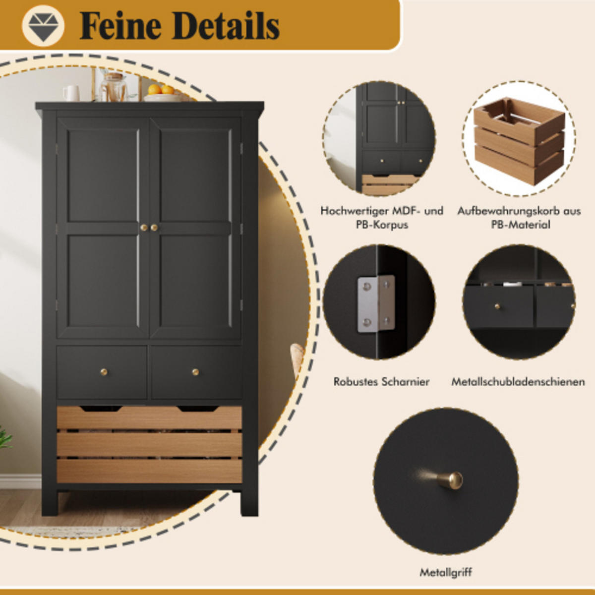 SIDEBOARD 80×40×140 cm aus MDF & Metall mit großem Stauraum und Kippschutz, schwarz - Schwarz, Holzwerkstoff (80/140/40cm) - Luhomfu