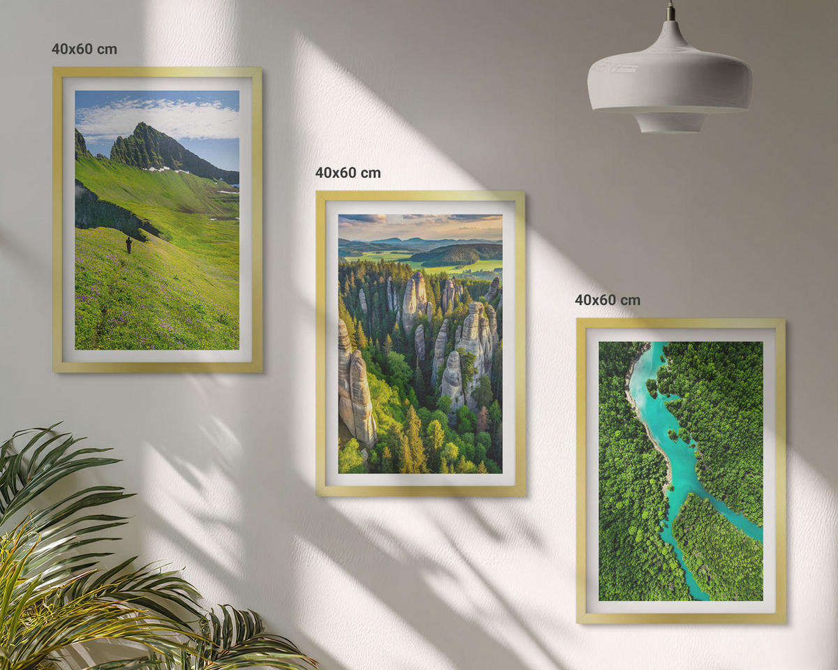 WANDBILDER 3er Set - 40x60 cm Goldrahmen - Grüne Berge, Flussfelsen - Goldfarben, Kunststoff (40/60cm) - ArtPrintCave
