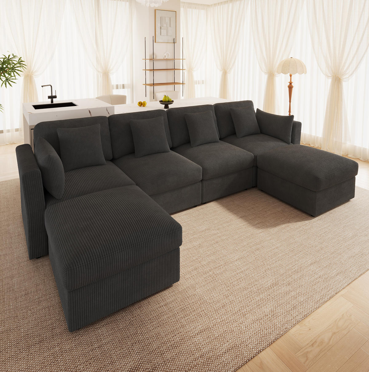 SOFA mit Hocker U-Form 290 x 159,5 x 89 cm Grey - Grau, Holz (159.5/89/290cm) - Meubliv