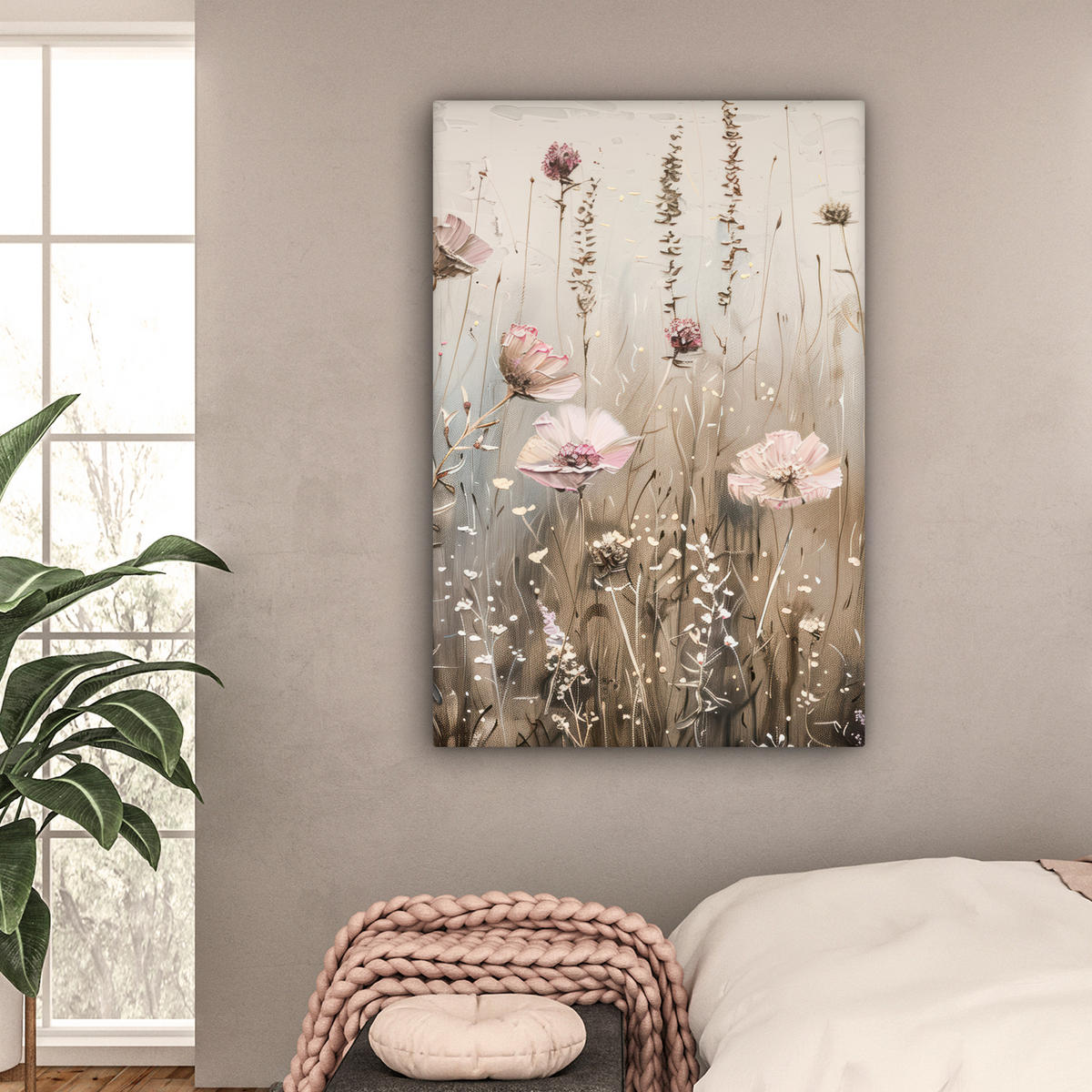 LEINWANDBILD Blumen - Rosa - Modern - Beige Deko Groß 90x140 cm - Beige, Textil (90/140cm) - MuchoWow