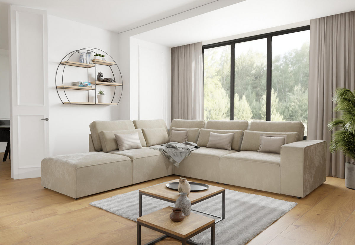 ECKSOFA modularer Leox Beige Samt-Stoff - Beige/Schwarz, Kunststoff/Textil (305/281cm) - S-Style Möbel