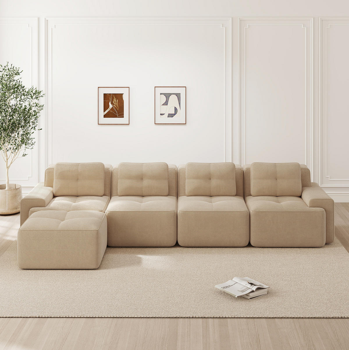 SOFA modular 4-Sitzer mit Chaiselongue Tiefsitz Cord Beige - Beige, Kunststoff (177/382.1cm) - Meubliv